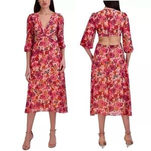 Julia Jordan Pink Orange Floral V-Neck 3/4 Sleeve Cut-Out Spring Midi Dress 12